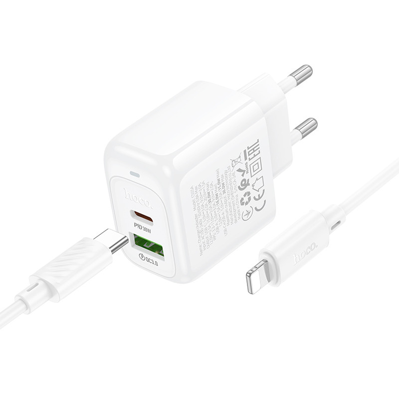 Фото СЗУ Hoco CS55A Surplus PD30W+QC3.0 (1USB-A/1C) + кабель Type-C to Lightning (White) в магазине vchehle.ua