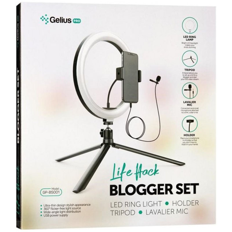 Кольцевая светодиодная LED лампа с триподом и микрофоном Gelius Pro Blogger Set Life Hack GP-BS001 (Black) в магазине vchehle.ua