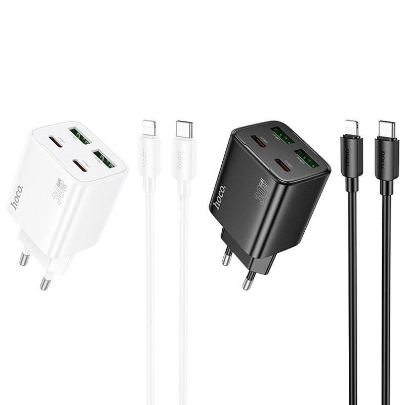 СЗУ Hoco N56 Fundador PD30W four-port (2USB-A/2C) + кабель Type-C to Lightning