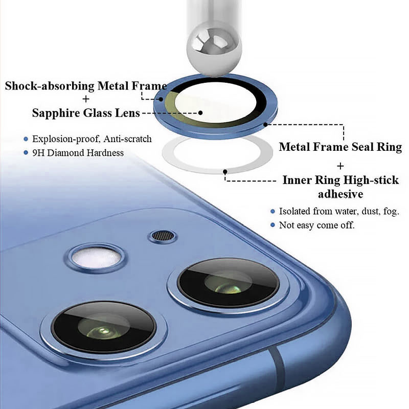 Фото Захисне скло Metal Classic на камеру (в упак.) на Apple iPhone 12 / 12 mini / 11 (Синій / Blue) в маназині vchehle.ua