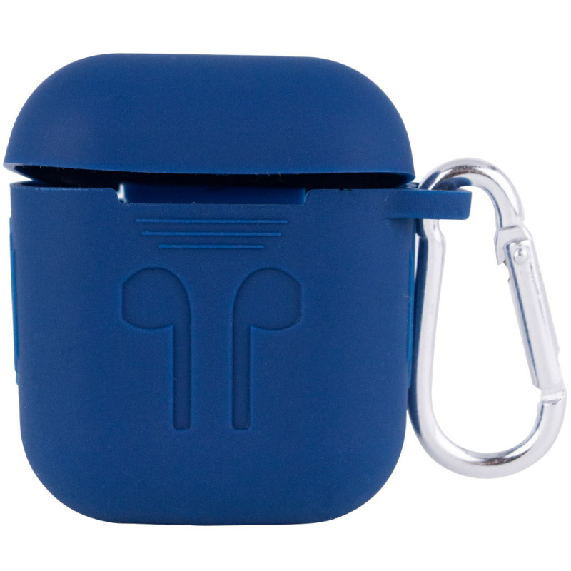 Силиконовый футляр для наушников Airpods 1/2 Slim Logo + карабин (Синий / Navy blue)