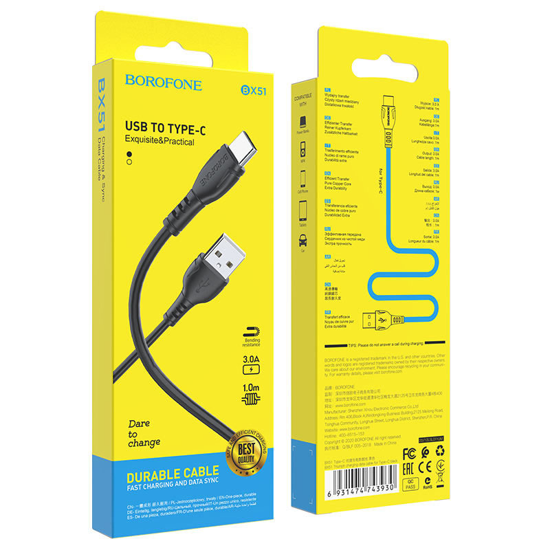 Купити Дата кабель Borofone BX51 Triumph USB to Type-C (1m) (Чорний) на vchehle.ua