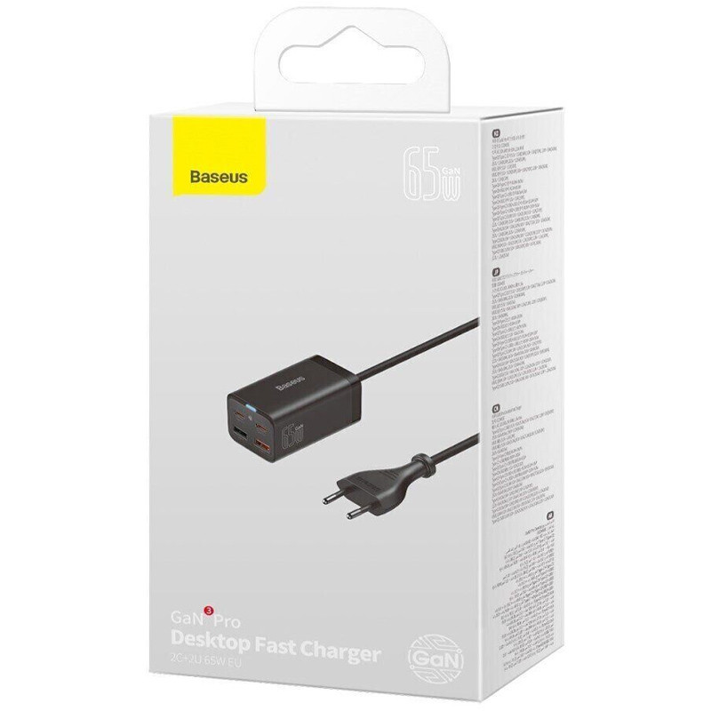 Замовити МЗП Baseus GaN3 Pro 2хType-C+2USB 65W EU (з Cable Type-C to Type-C 100W (20V/5A) 1m) (CCGP04) (Black) на vchehle.ua