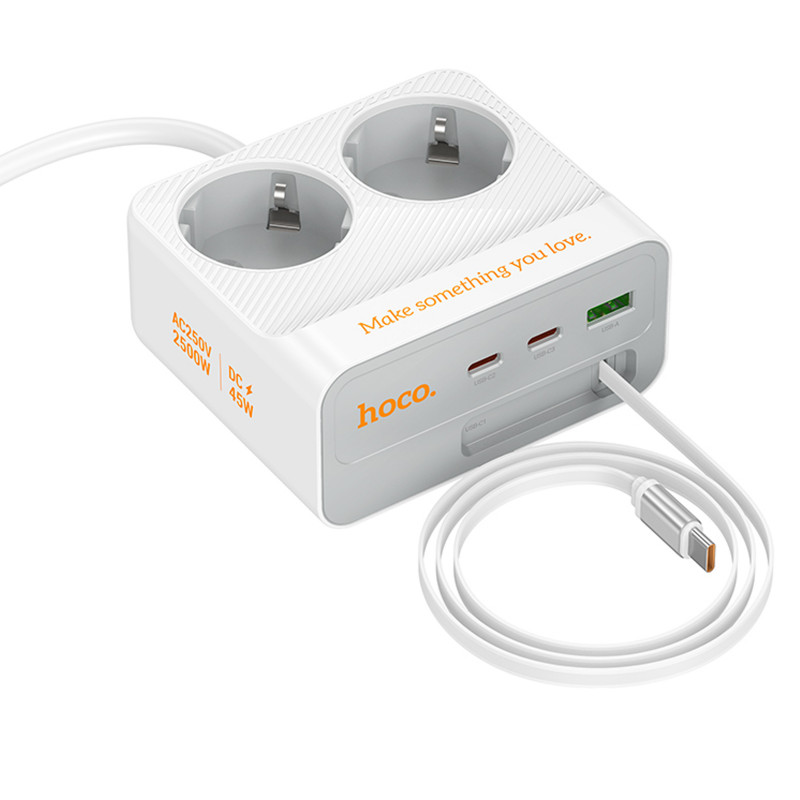Фото Удлинитель Hoco AC28 Descanso (PD45W/1C/3A/2xSocket) (2m) (White) в магазине vchehle.ua