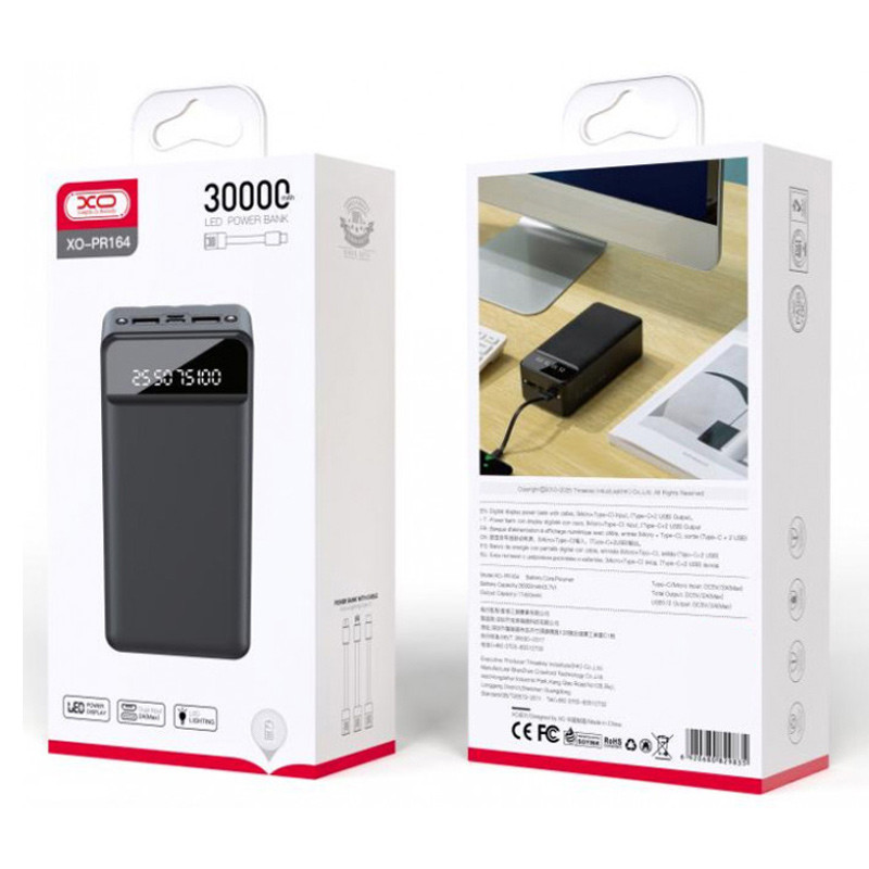 Уцінка Портативний ЗП Power Bank XO PR164 with cable Micro/Type-C/Lightning 30000 mAh (Естетичний дефект / Black) в магазині vchehle.ua