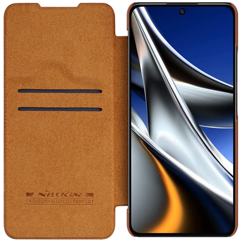 Купить Кожаный чехол (книжка) Nillkin Qin Pro Camshield для Xiaomi Poco X4 Pro 5G (Коричневый) на vchehle.ua