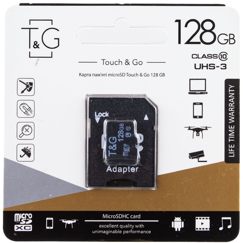 

Карта памяти T&G microSDHC (UHS-3) 128 GB class 10 (с адаптером) (Черный) 883518