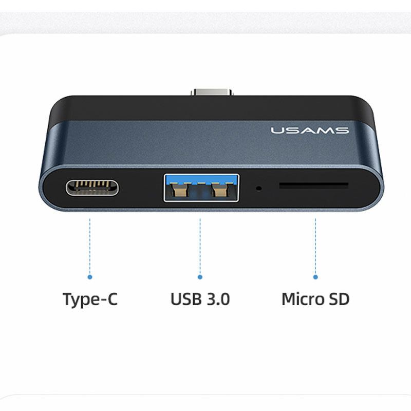 Фото Перехідник HUB Usams US-SJ491 Type-C Mini Hub (Type-C + USB + Micro SD) (Темно-сірий) на vchehle.ua