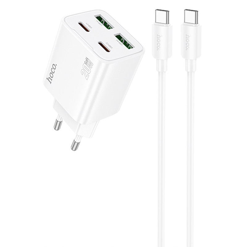 СЗУ Hoco N55 Fundador PD20W+QC3.0 (2USB-A/2C) + кабель Type-C to Type-C (White)