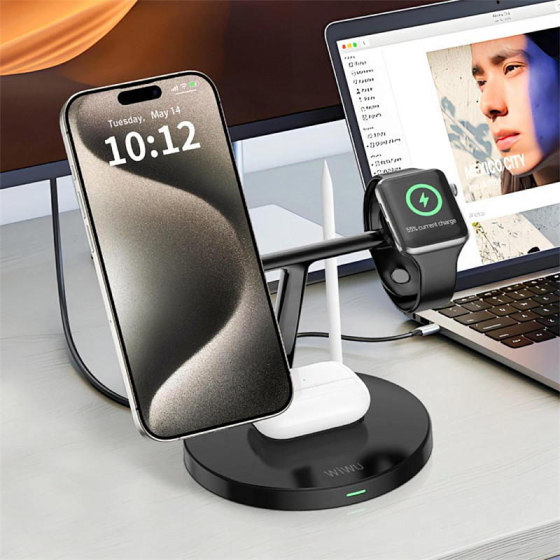 Фото БЗУ WIWU Wi-W032 Magnetic 4 in 1 Cableless Charger (Black) в магазине vchehle.ua