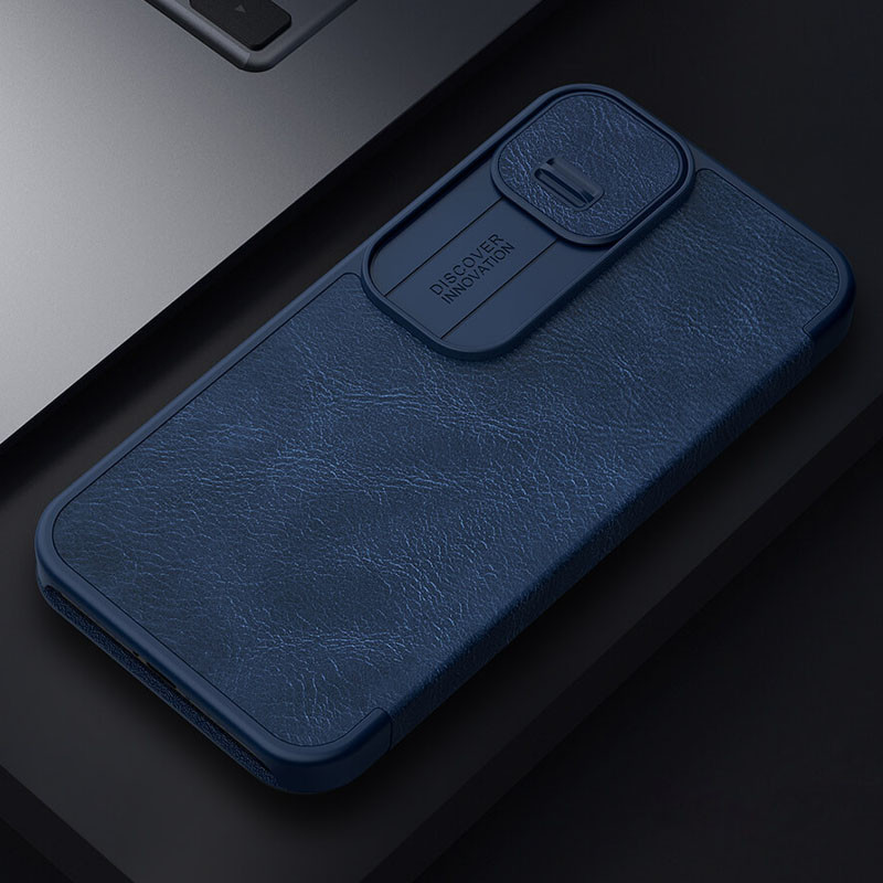 Шкіряний чохол (книжка) Nillkin Qin Pro Camshield на Apple iPhone 14 (6.1") (Синій) в магазині vchehle.ua