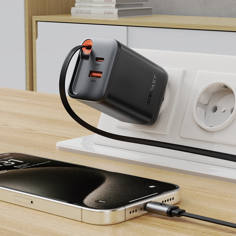 СЗУ Acefast A111 GaN With Retractable Cable Type-C PD67W (1USB-A/1C) (Black) в магазине vchehle.ua