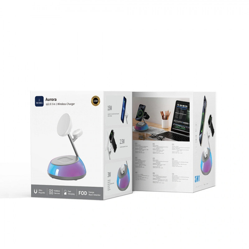 Фото БЗП WIWU Wi-W036 Aurora 3 in 1 Wireless Charger (White) на vchehle.ua