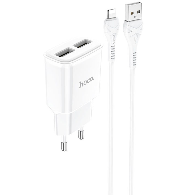 СЗУ Hoco C88A Star round 2.4A (2USB-A) + кабель USB to Lightning (Белый)