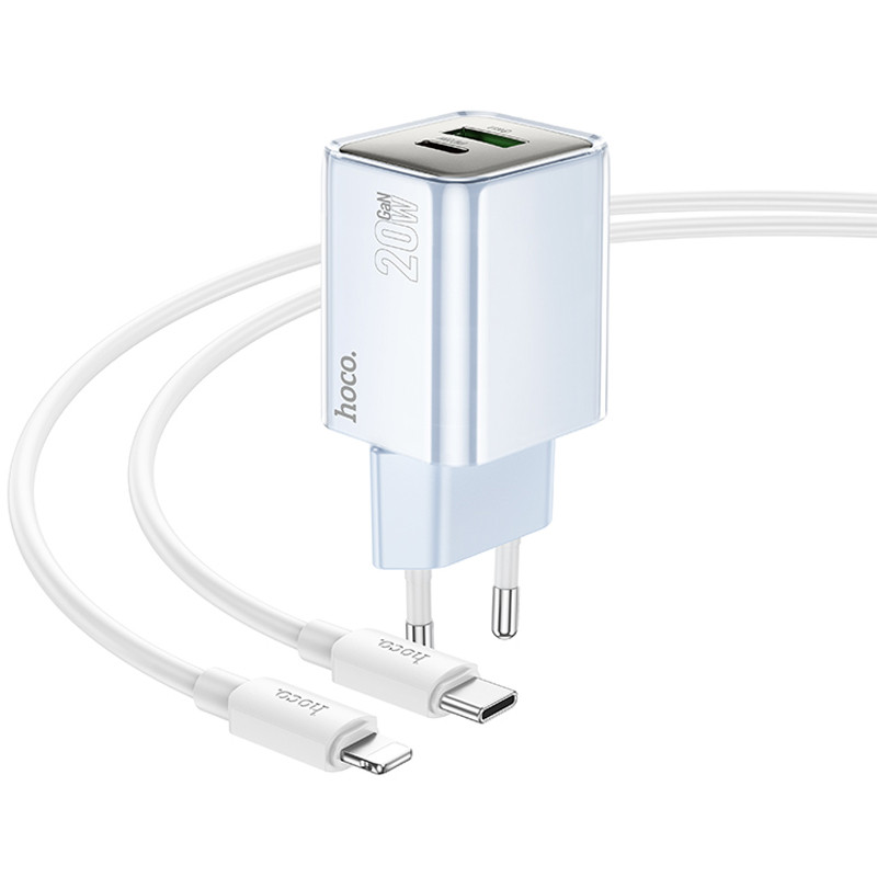 Фото МЗП Hoco N46 Glorious PD20W+QC3.0 (1USB-A/1C) + кабель Type-C to Lightning (Blue) на vchehle.ua