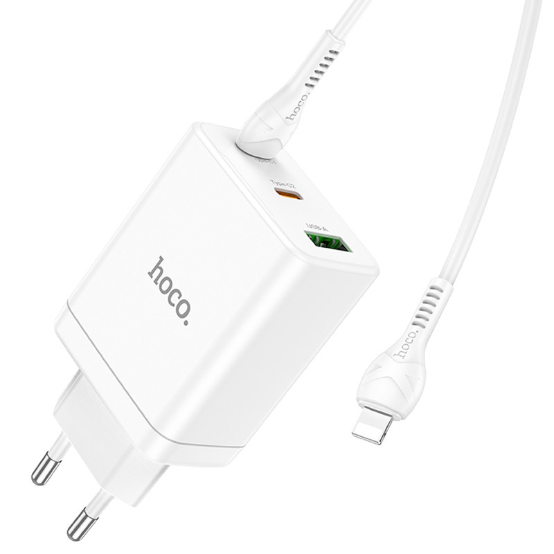 СЗУ Hoco N33 Start PD35W+QC3.0 (1USB-A/2C) + кабель Type-C to Lightning (White) в магазине vchehle.ua