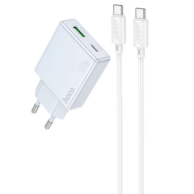 СЗУ Hoco C142A Direct PD20W+QC3.0 (1USB-A/1C) + кабель Type-C to Type-C (Blue)