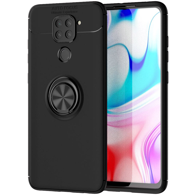 TPU чехол Deen ColorRing под магнитный держатель (opp) для Xiaomi Redmi Note 9 / Redmi 10X (Черный / Черный)