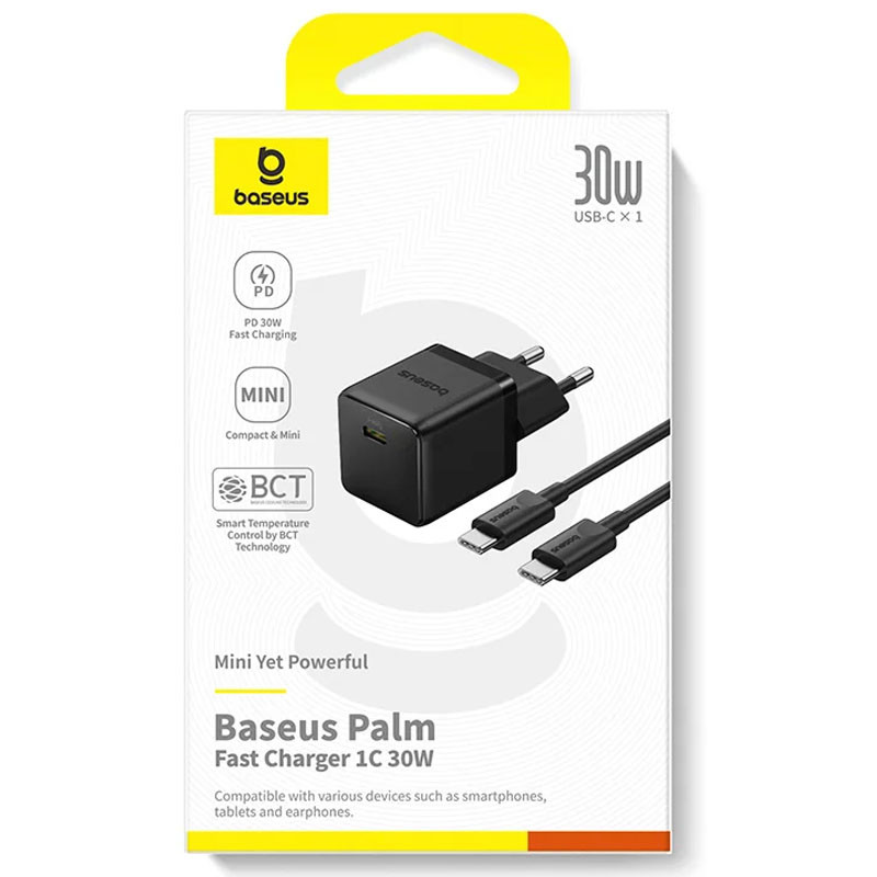 Купить СЗУ Baseus Palm Fast Charger 30W (1USB-C) + кабель Type-C to Type-C (P10111605113-01) (Cluster Black) на vchehle.ua