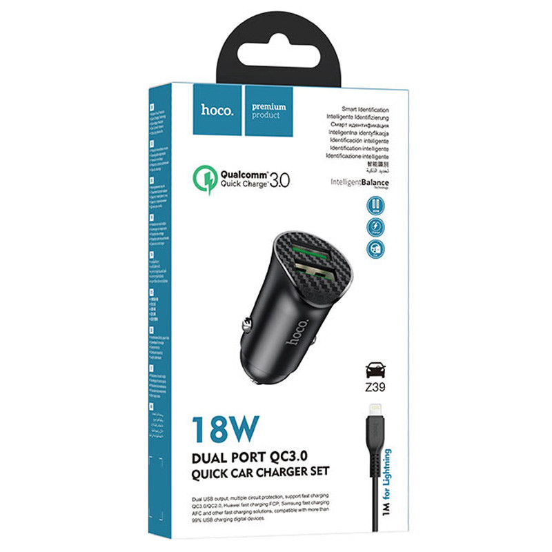 Замовити АЗП Hoco Z39 Farsighted QC3.0 18W (2USB-A) + кабель USB to Lightning (Чорний) на vchehle.ua