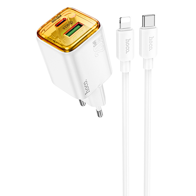 СЗУ Hoco N52 Monsoon PD20W+QC3.0 (1USB-A/1C) + кабель Type-C to Lightning (White)
