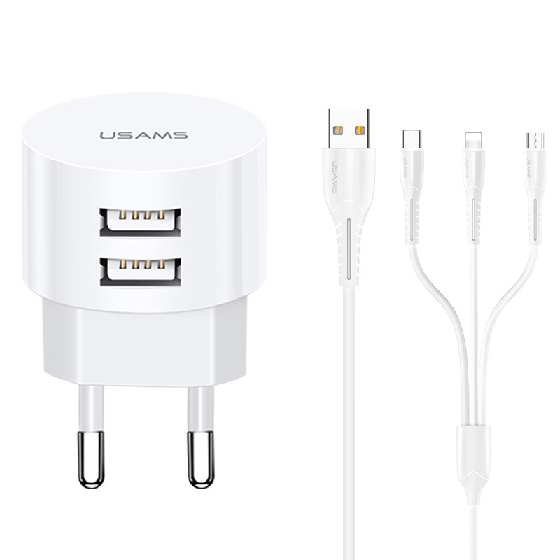 

МЗП USAMS T20 Dual USB Round Travel Charger (EU)+ U35 3IN1 Charging Cable (Білий) 871934