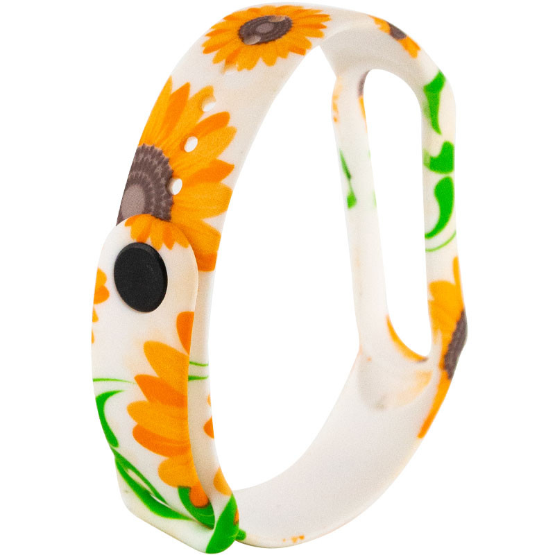 Фото Силіконовий ремінець з малюнком для Xiaomi Mi Band 5 / 6 (Жовті подсолнухи / Білий) в маназині vchehle.ua