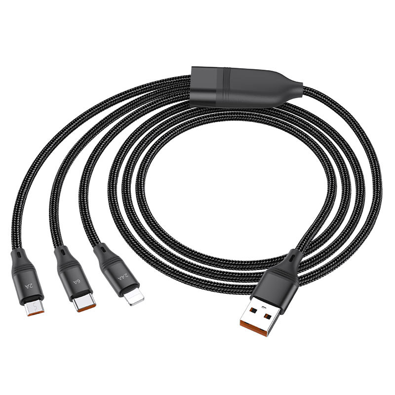 Дата кабель Hoco U104 Ultra 6A 3in1 Lightning-MicroUSB-Type-C (1.2m) (Черный) в магазине vchehle.ua