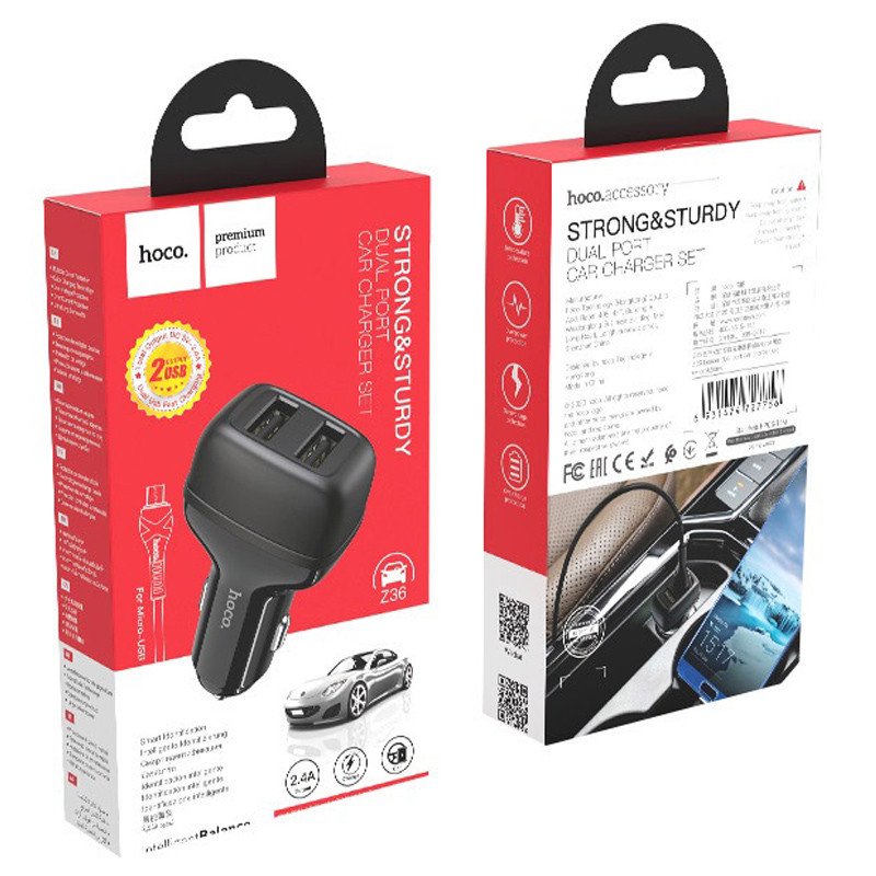 Заказать АЗУ Hoco Z36 Leader 2.4A (2USB-A) + кабель USB to MicroUSB (Черный) на vchehle.ua