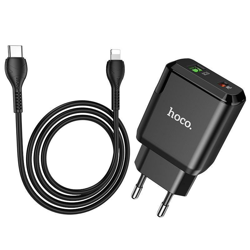 Уцінка СЗУ Hoco N5 Favor 20W PD+QC3.0 (1USB-A/1C) + кабель Type-C to Lightning (Дефект упаковки / Чорний) в магазині vchehle.ua