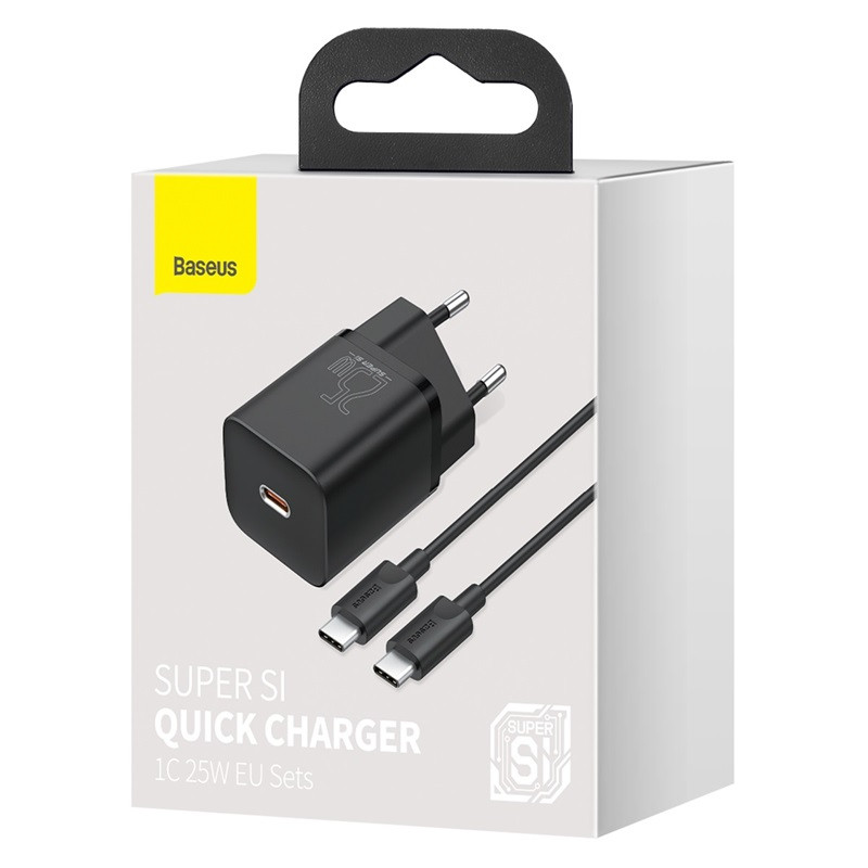 Фото МЗП Baseus Super Si Quick Charger 1C 25W + Cable Type-C to Type-C 3A (1m) (TZCCSUP-L) (Чорний) на vchehle.ua