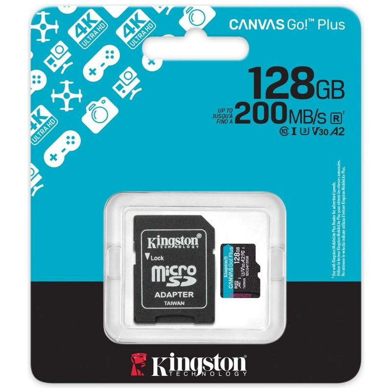 Фото Карта пам'яті Kingston Canvas GP (UHS-3, R200MB/s) C-10 A2 V30 – 128GB (з адаптером) (SDCG4) (Black) в маназині vchehle.ua