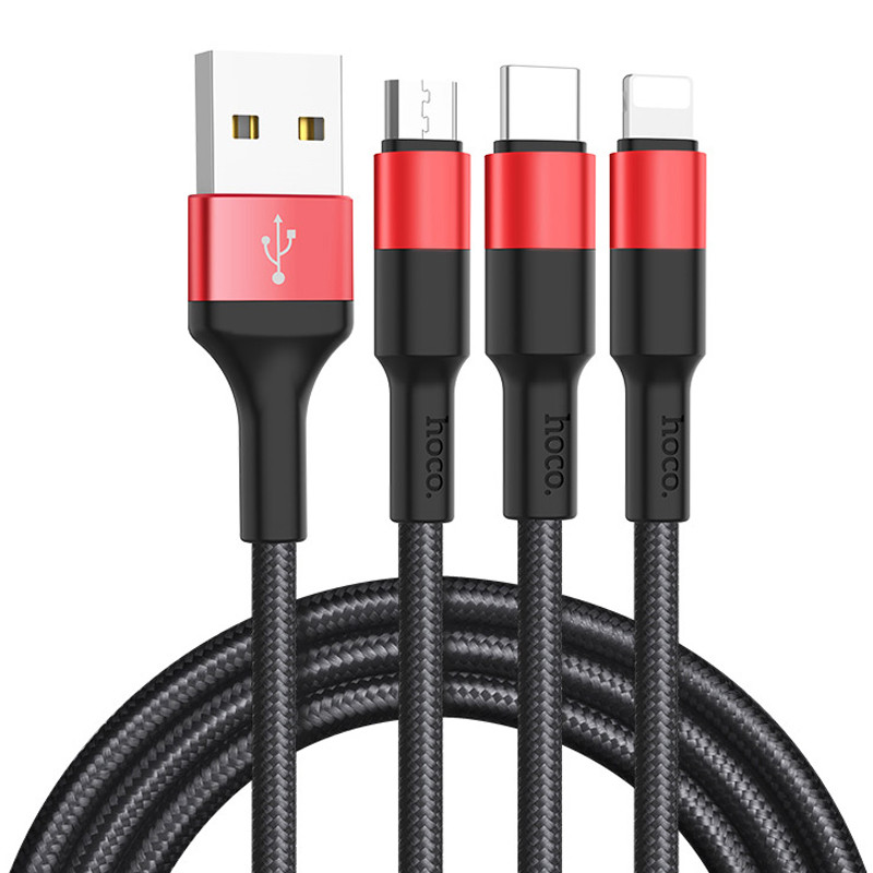 Дата кабель Hoco X26 Xpress 3in1 USB to Lightning/Type-C/MicroUSB 2A (1.2m) (Чорний / Червоний)