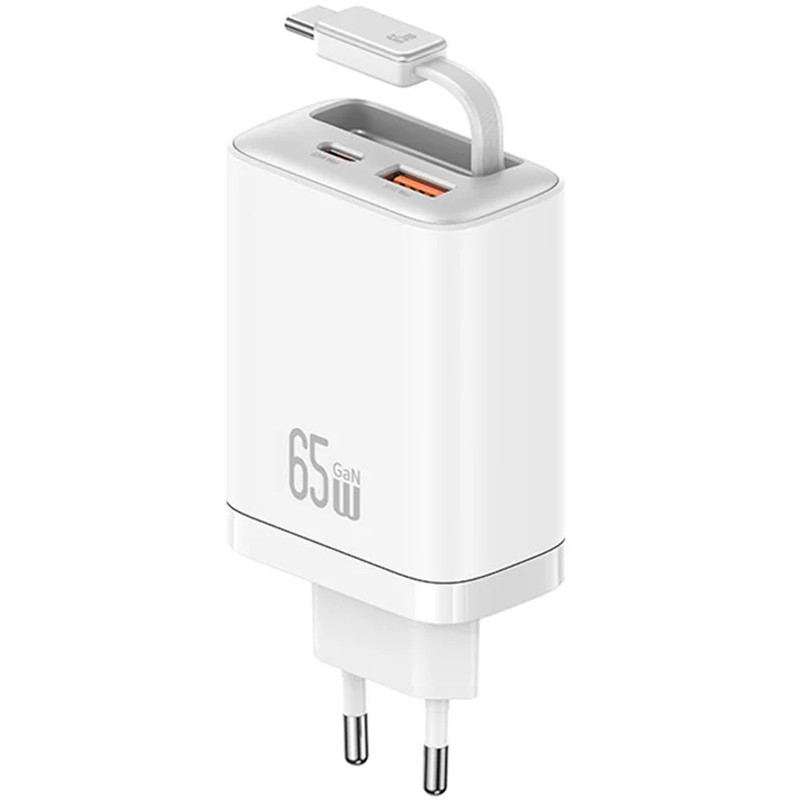 СЗУ Usams US-CC299 GaN With Retractable Type-C Cable Xiang Ser. 65W (1USB-A/1C) (White)