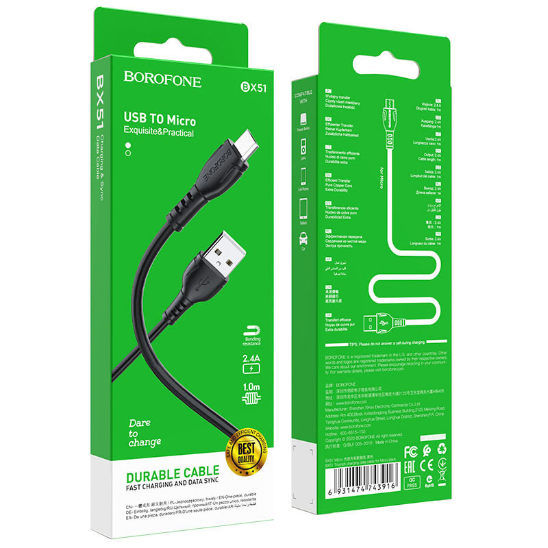 Дата кабель Borofone BX51 Triumph USB to MicroUSB (1m) (Чорний) в магазині vchehle.ua