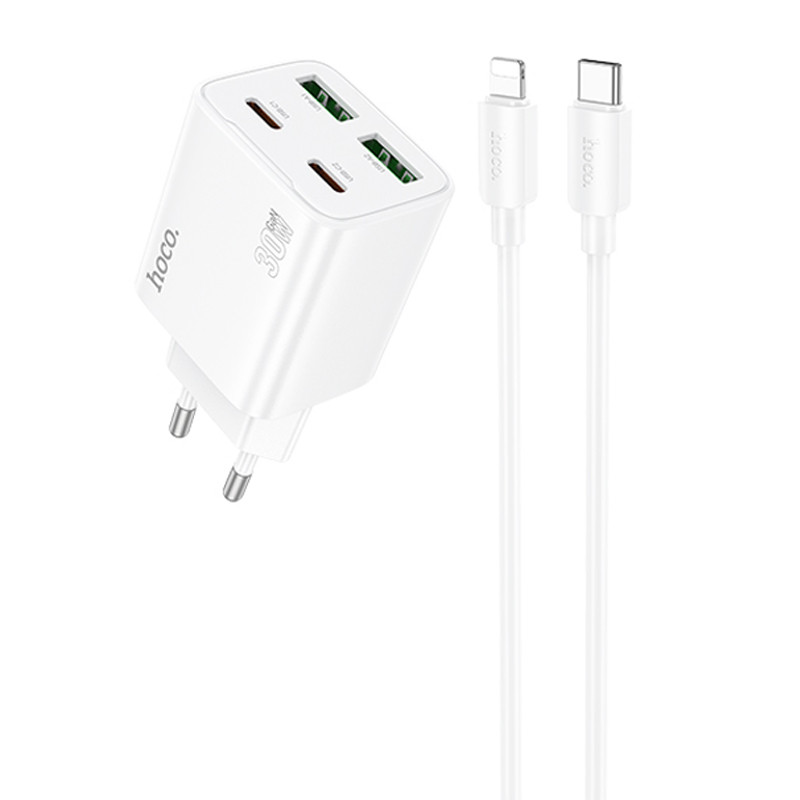 СЗУ Hoco N56 Fundador PD30W four-port (2USB-A/2C) + кабель Type-C to Lightning (White)