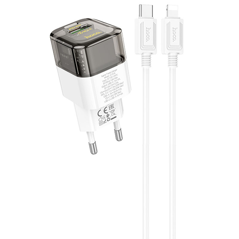 СЗУ Hoco C131A Platium PD30W+QC3.0 (1USB-A/1C) + кабель Type-C to Lightning (Transparent black)