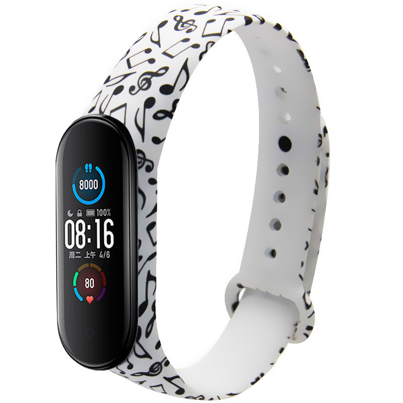 

Силіконовий ремінець з малюнком для Xiaomi Mi Band 5 / 6 (Ноты / Білий) 925989