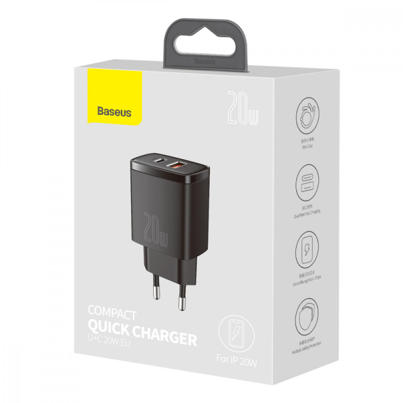 Купить СЗУ Baseus Compact Quick Charger 20W QC+ PD (Type-C + 1USB) (CCXJ-B) (Black) на vchehle.ua