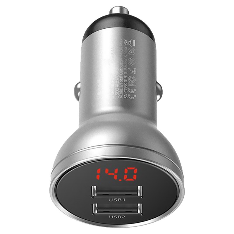 Фото АЗП Baseus Digital Display Dual USB 4.8A Car Charger 24W (CCBX) (Срібний) на vchehle.ua