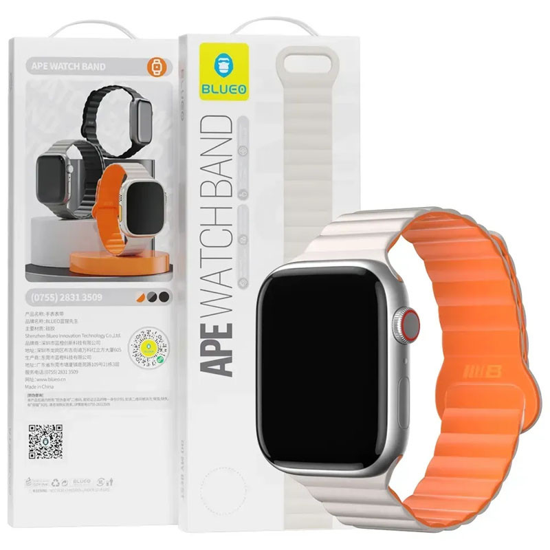 Фото Ремінець BlueO Magnetic Silicone для Apple Watch 42(ser.1-3)/44/45/46/49mm (White / Orange) на vchehle.ua