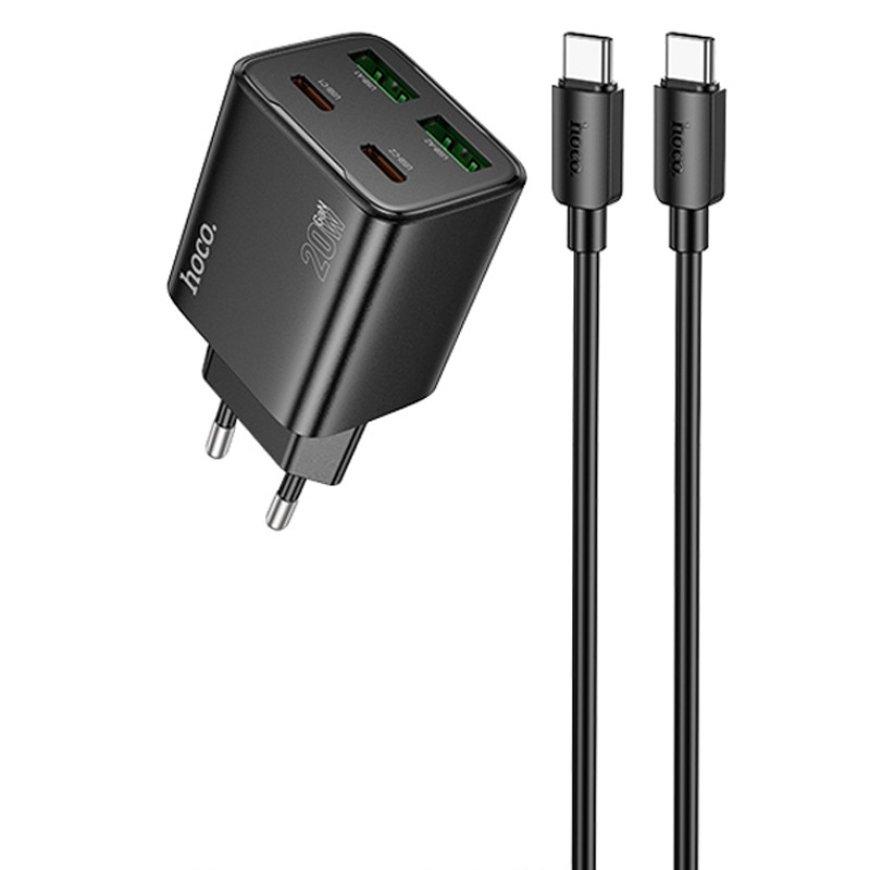 СЗУ Hoco N55 Fundador PD20W+QC3.0 (2USB-A/2C) + кабель Type-C to Type-C (Black)