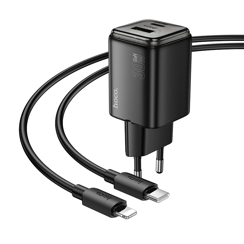 Фото СЗУ Hoco N53 Monsoon PD30W+QC3.0 (1USB-A/1C) + кабель Type-C to Lightning (Black) на vchehle.ua