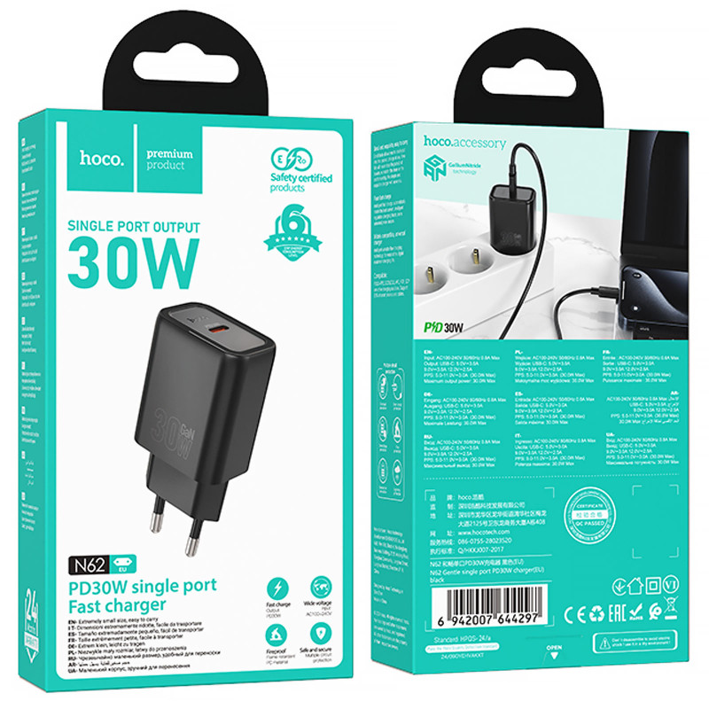 Фото МЗП Hoco N62 Gentle PD30W (1USB-C) (Black) в маназині vchehle.ua