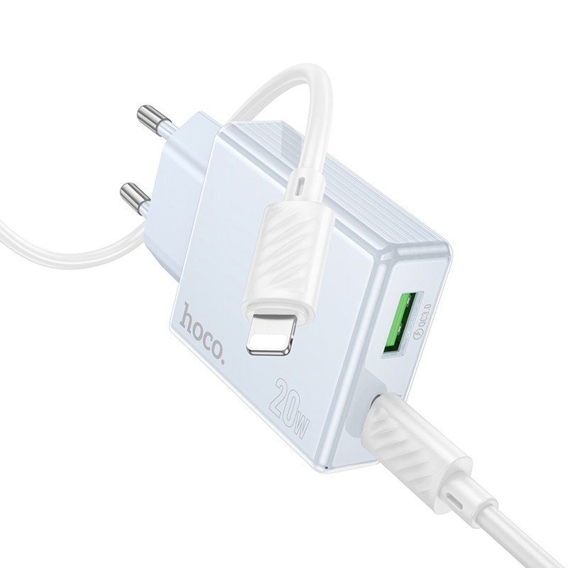 Фото СЗУ Hoco C142A Direct PD20W+QC3.0 (1USB-A/1C) + кабель Type-C to Lightning (Blue) на vchehle.ua