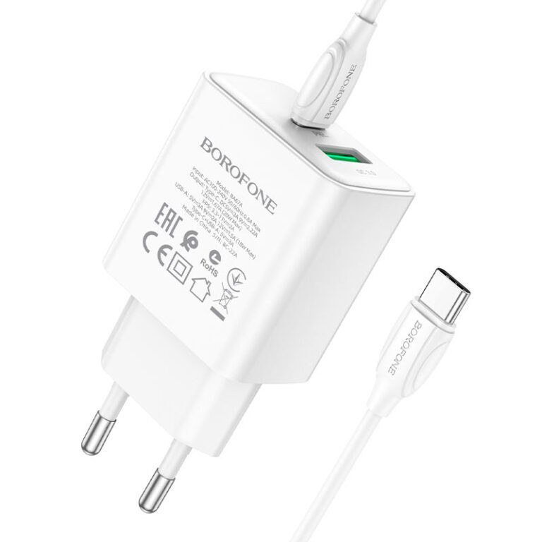 СЗУ Borofone BA67A PD20W+QC3.0 (1USB-A/1C) + кабель Type-C to Type-C (Белый) в магазине vchehle.ua