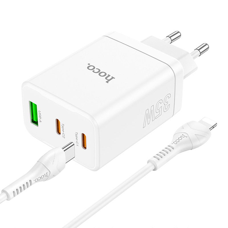 Фото СЗУ Hoco N33 Start PD35W+QC3.0 (1USB-A/2C) + кабель Type-C to Lightning (White) на vchehle.ua