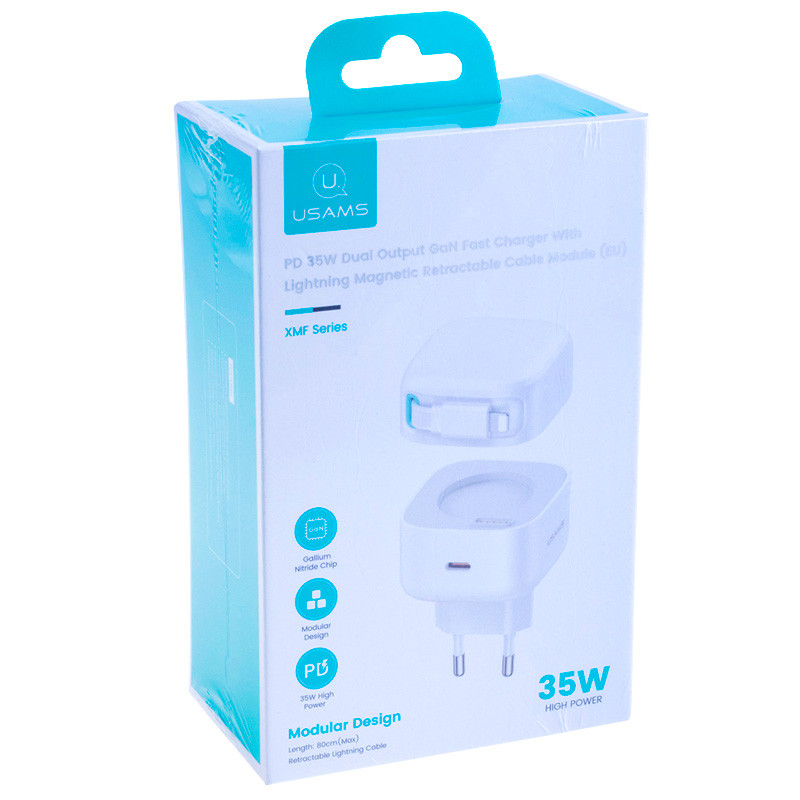 Замовити МЗП Usams US-CC209 GaN With Lightning Magnetic Retractable Cable Module XMF Ser. 35W (2USB-C) (White) на vchehle.ua