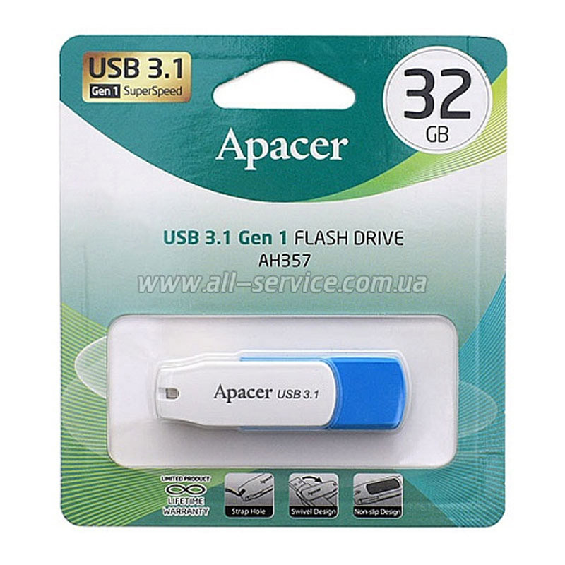 Заказать Флеш накопитель Apacer USB 3.2 AH357 32GB (Blue / White) на vchehle.ua