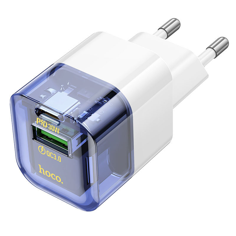 Фото СЗУ Hoco C131A Platium PD30W+QC3.0 (1USB-A/1C) (Transparent blue) на vchehle.ua